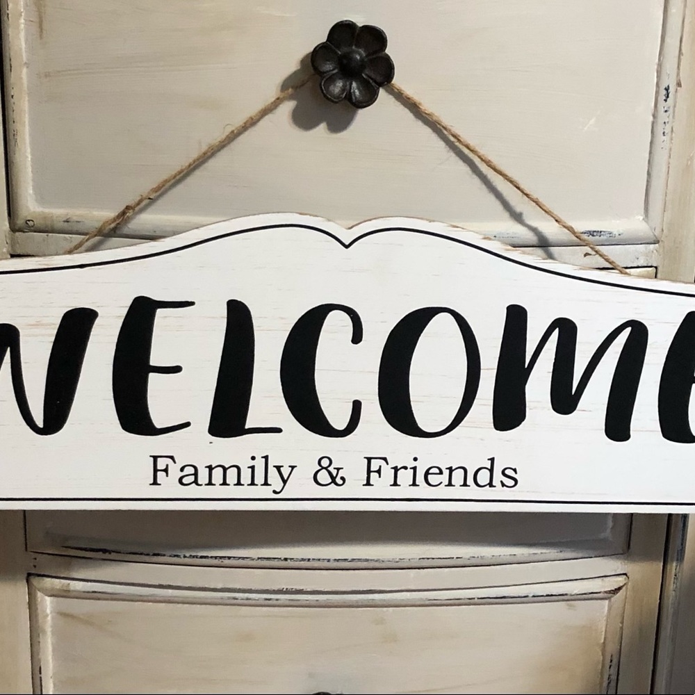 Welcome Family & Friends wooden hanging sign